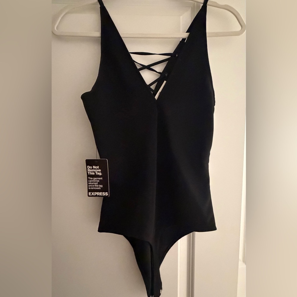 Express Black Lace-Up V-Neck Bandeau Bodysuit